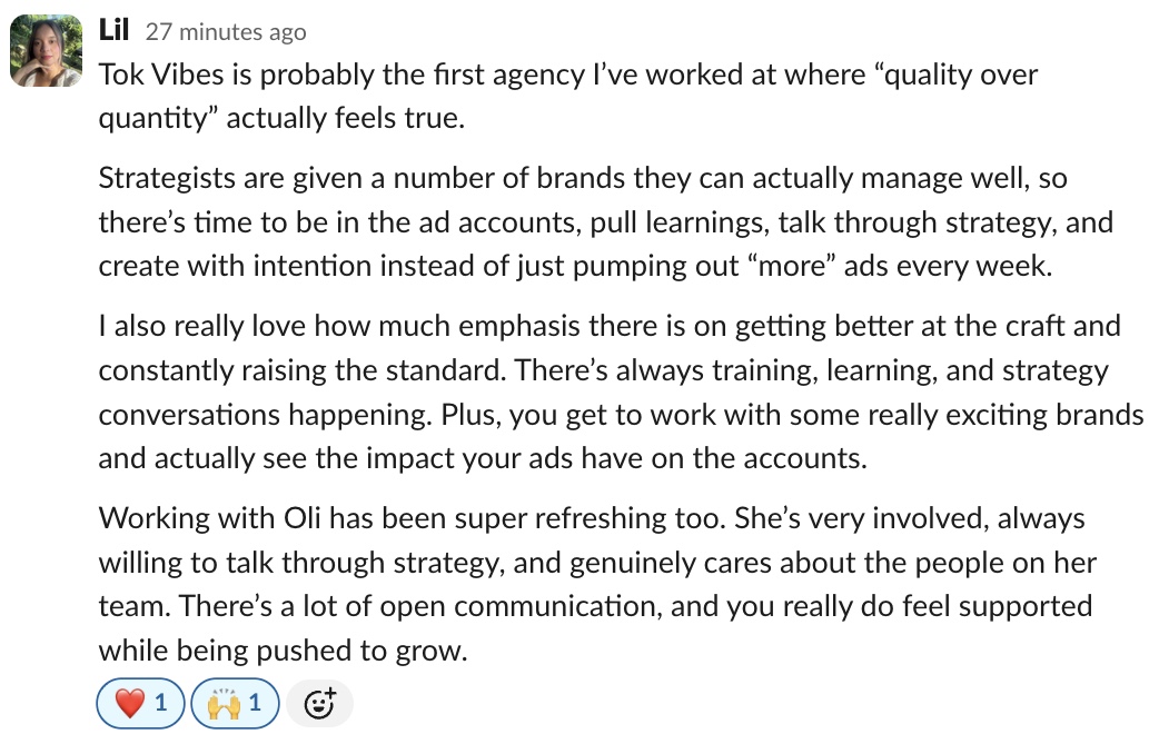 Slack message from Lil about working at Tok-Vibes