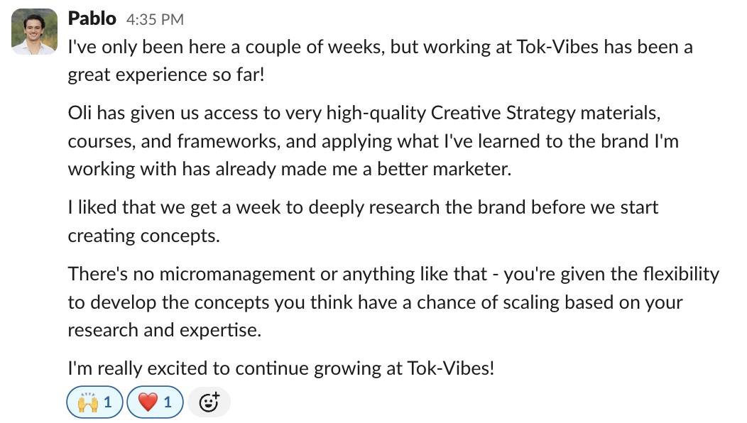 Slack message from Pablo about working at Tok-Vibes