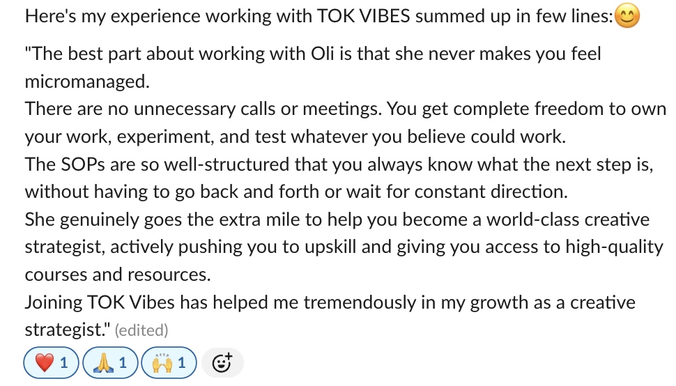 Slack message from a team member about working at Tok-Vibes
