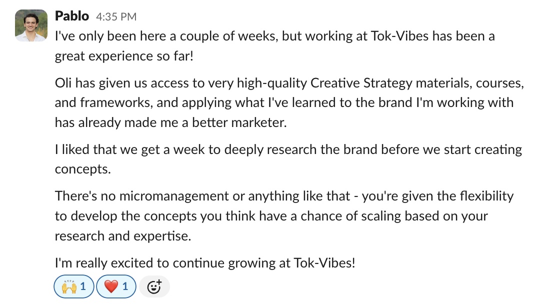 Slack message from Pablo about working at Tok-Vibes